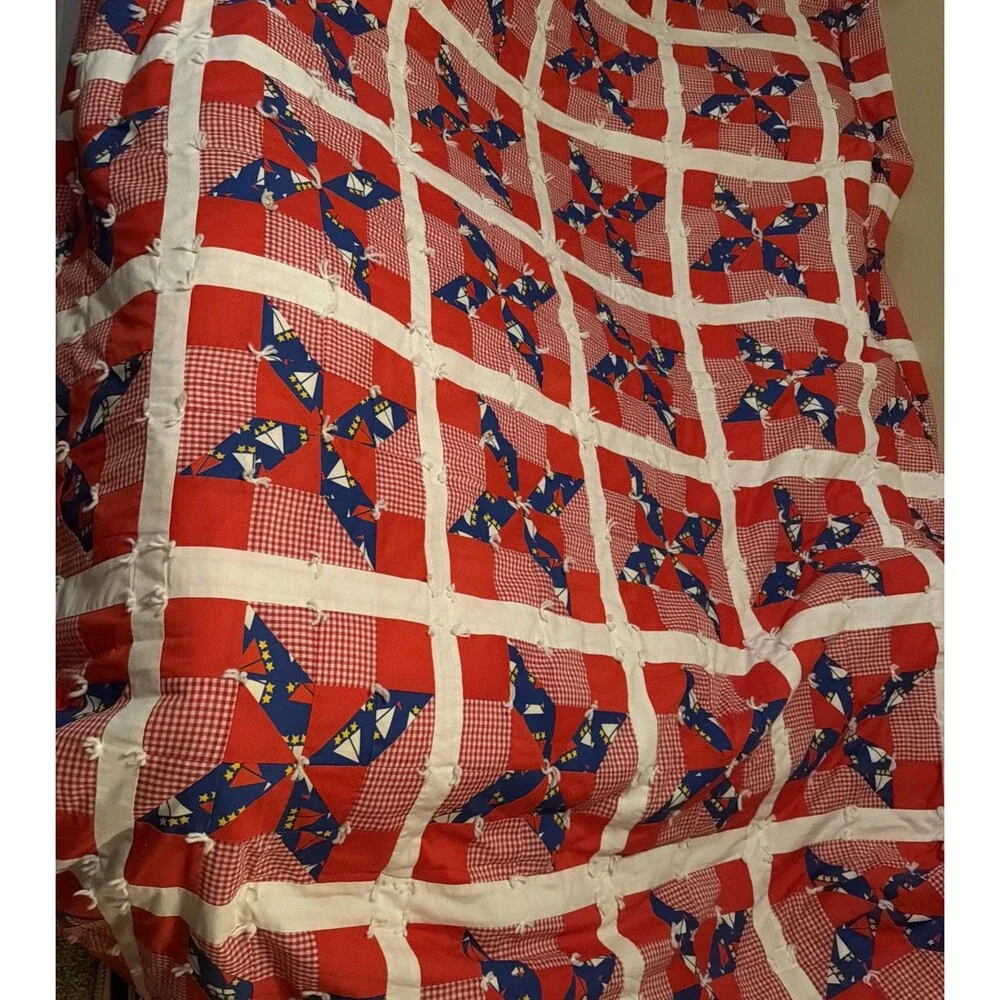 Vintage Estate Handmade Pinwheel Red Blocks Patchwork Quilt 94”x 80”. Beautiful!